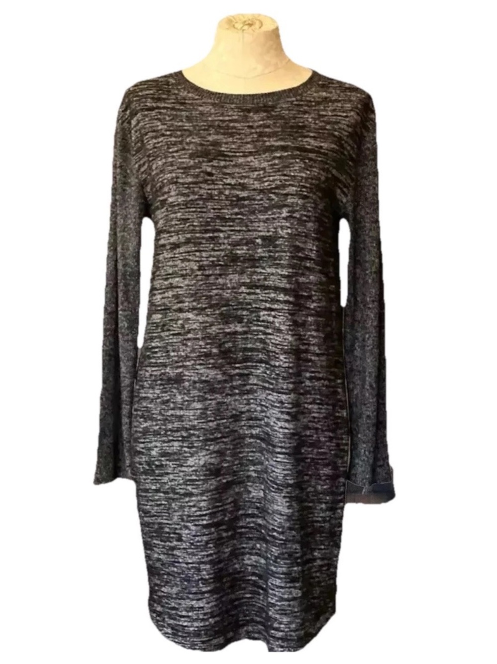 A New Day Space Dye Marled Knit Sweater Dress Gray Black Crew Neck Long Sleeve